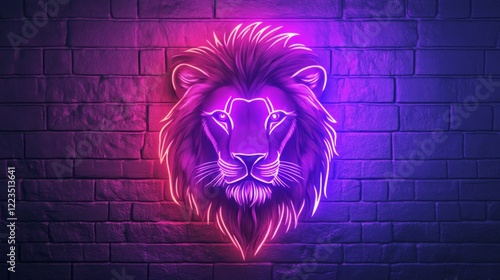 Neon lion on a brick wall background. Generative AI