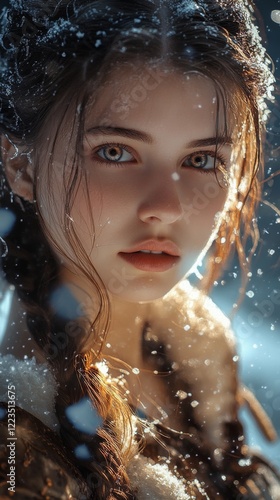 Portrait of a beautiful woman with a snow-covered face. Generative AI