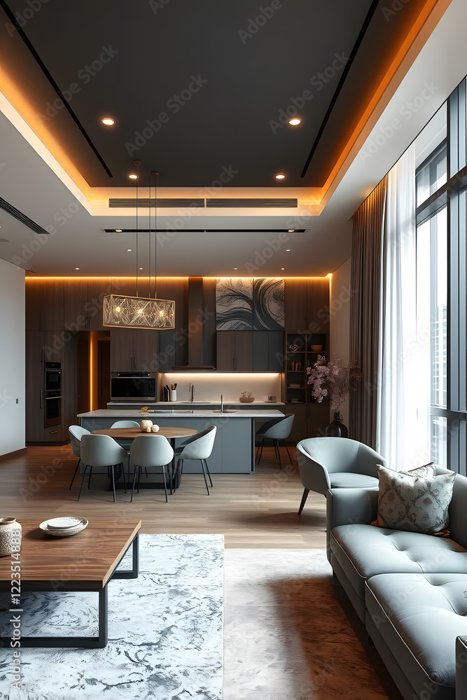 Fototapeta premium Modern open-concept living room with minimalist design, featuring neutral tones, sleek furniture, and a kitchen island. Large windows allow natural light to illuminate the space. Wall mock up.