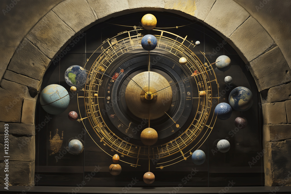 Obraz premium A celestial clock made of planets and cosmic rings.