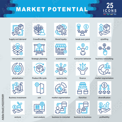 Market Potential icon set containing Supply and demand, Crowdfunding, upselling, new product, Strategic planning, ecommerce, Consumer behavior, business networking icon. Simple color outline vector