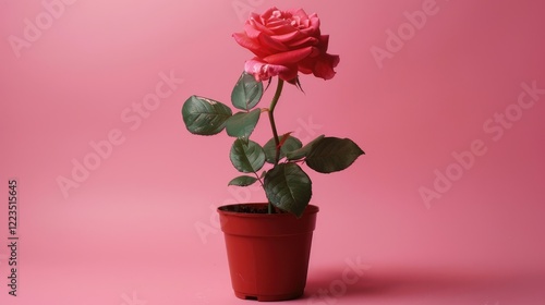 Wallpaper Mural A bright rose in a small brown pot, depicted on a pink background, symbolizes beauty and growth. Torontodigital.ca