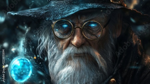 A gray-haired magician in a hat with glowing eyes. Generative AI