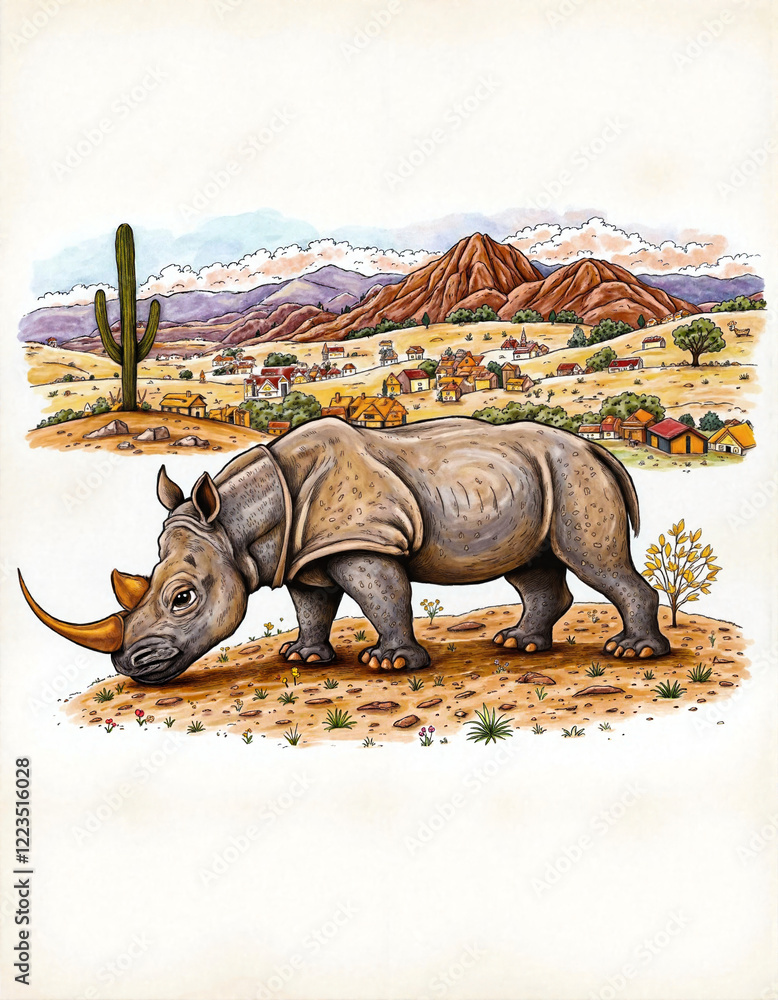 Fototapeta premium Rhino grazing in desert landscape with mountains and houses