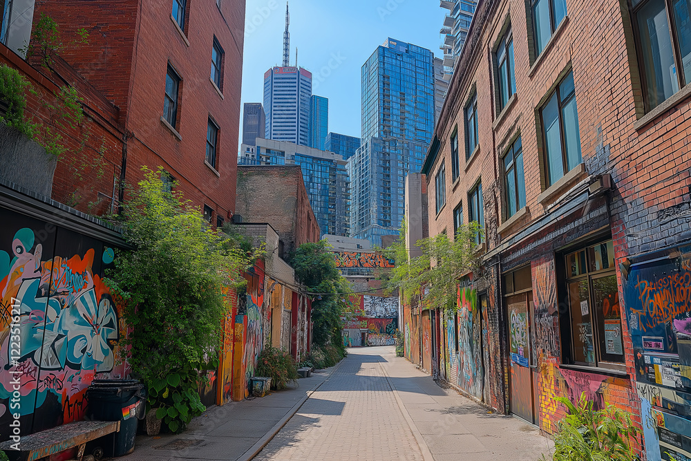 Fototapeta premium A colorful graffiti-covered alleyway in a bustling metropolis
