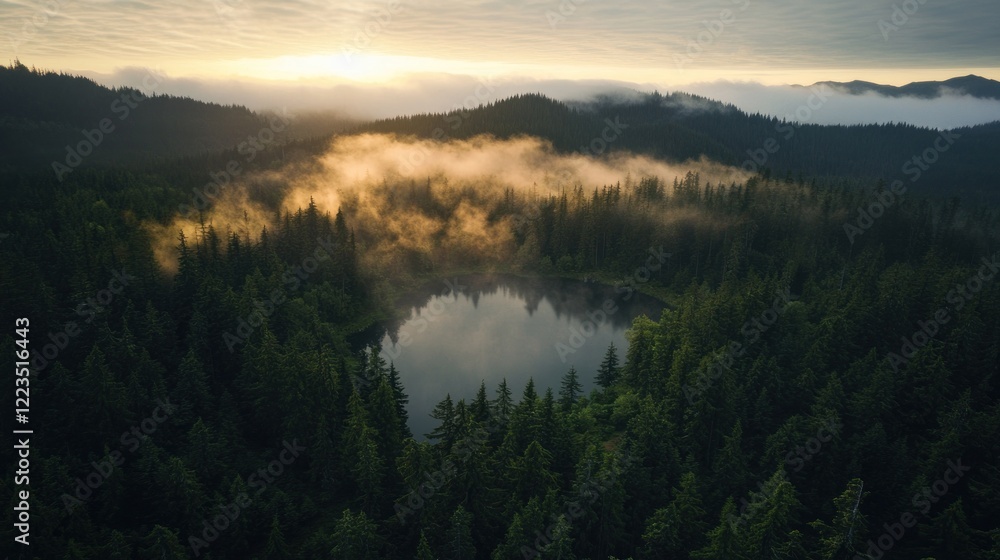 Sunrise over a misty mountain lake nestled in a coniferous forest Sunrise over a misty mountain lake nestled in a coniferous forest