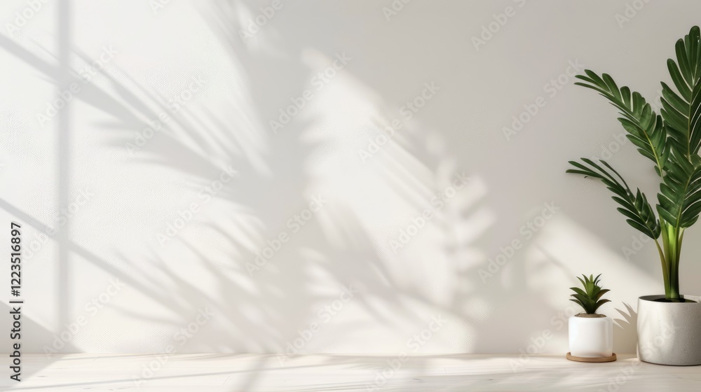Home plant in a pot, delicate blurry shadow effect of window frame, leaves and branches on white background. Abstract nature-inspired design with space for text Home plant in a pot, delicate blurry shadow effect of window frame, leaves and branches on white background. Abstract nature-inspired design with space for text