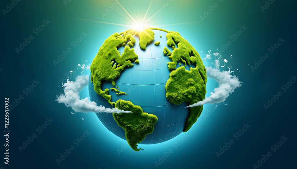 Naklejka premium Green Earth with clouds and sunlight