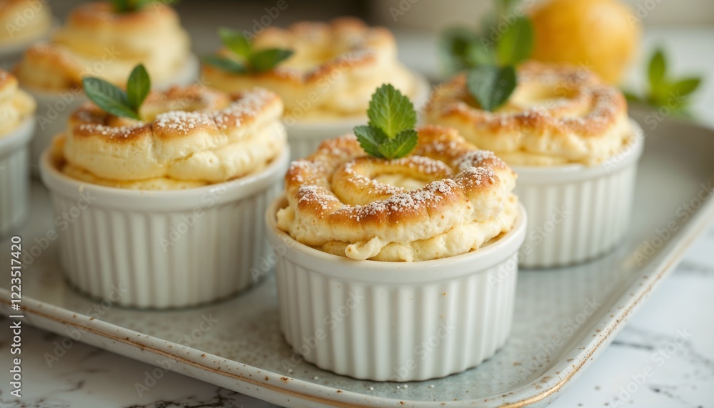 Lemon soufflés garnished with mint leaves and powdered sugar in ramekins on serving tray Lemon soufflés garnished with mint leaves and powdered sugar in ramekins on serving tray