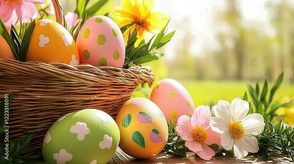 Fototapeta premium Artistic Easter nest filled with hand-painted eggs in vibrant hues, surrounded by delicate spring blossoms on a rustic wooden background
