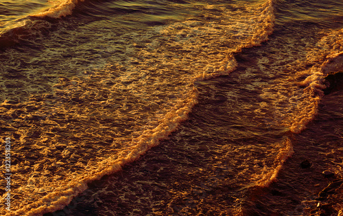 Photos of sea waves moving at sunset