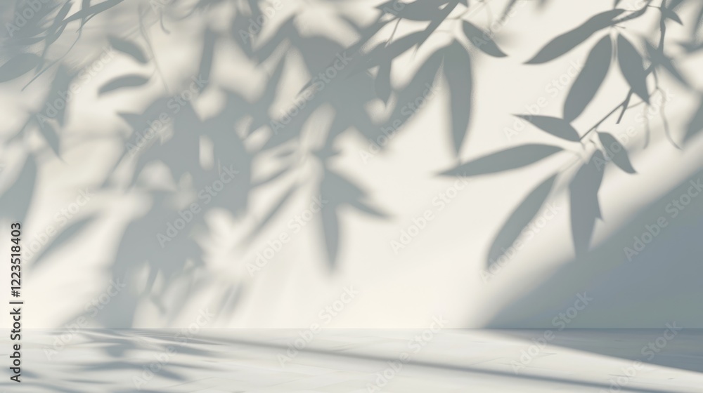 Obraz premium Delicate shadow effect of leaves and branches, blurred on a plain white background. Abstract nature-inspired design with space for text