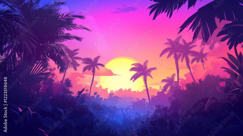 Fototapeta premium Vibrant Sunset Over Lush Tropical Paradise Palm Trees