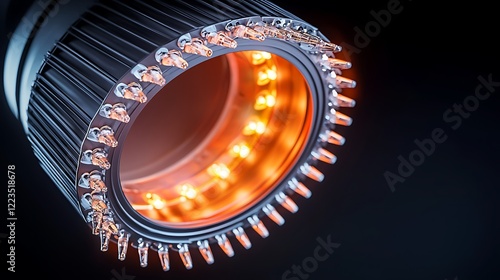 Illuminated circular LED light, tech detail, dark background, product shot photo