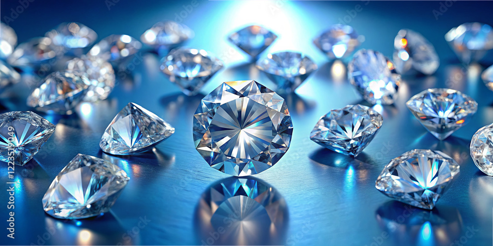 A collection of brilliant diamonds rests on a smooth blue surface, capturing and reflecting light to create an enchanting visual effect. Each gem exudes elegance and luxury A collection of brilliant diamonds rests on a smooth blue surface, capturing and reflecting light to create an enchanting visual effect. Each gem exudes elegance and luxury
