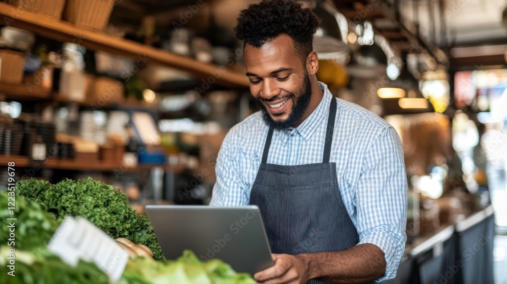 Fototapeta premium Happy Grocer Using Laptop Among Fresh Produce