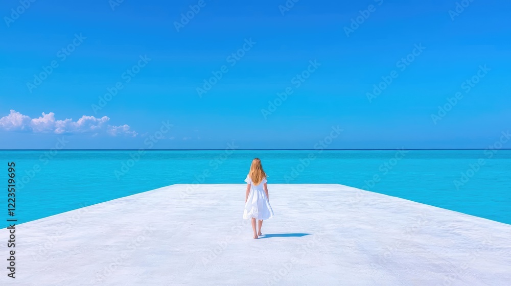 Obraz premium Woman in white dress walks toward turquoise ocean