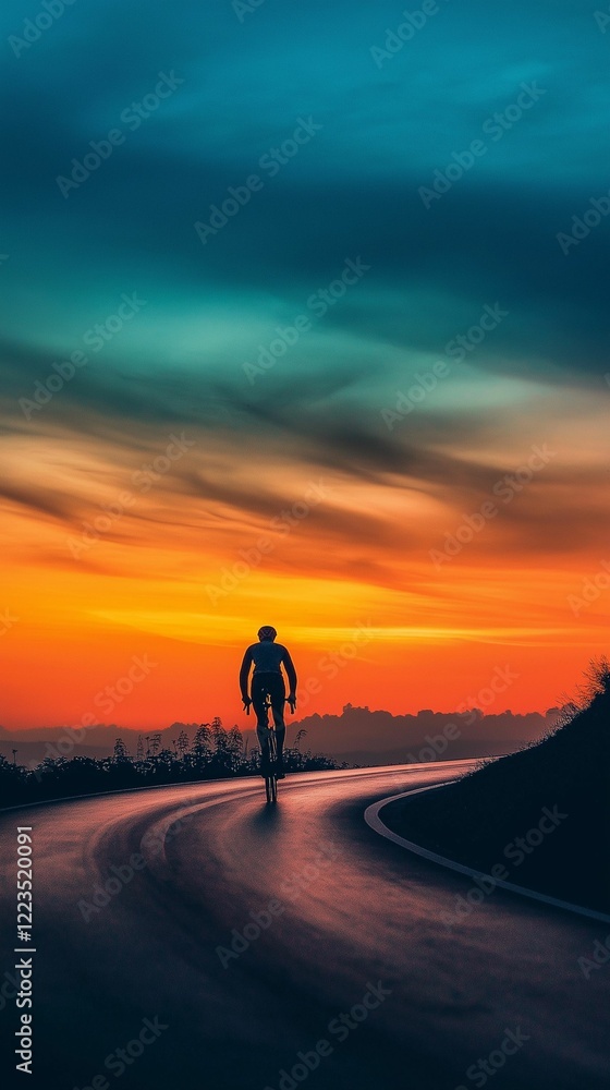 Silhouette of a cyclist on a winding road under a vast gradient sky at dusk, creating a peaceful and modern aesthetic Silhouette of a cyclist on a winding road under a vast gradient sky at dusk, creating a peaceful and modern aesthetic