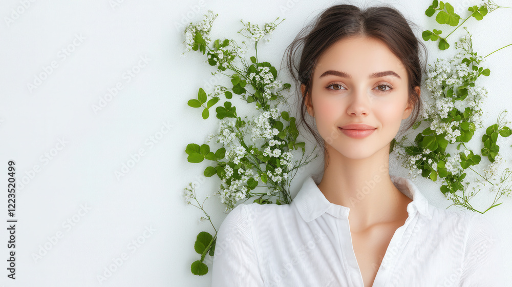 woman lying on a white surface surrounded by green leaves and delicate white flowers. woman lying on a white surface surrounded by green leaves and delicate white flowers.