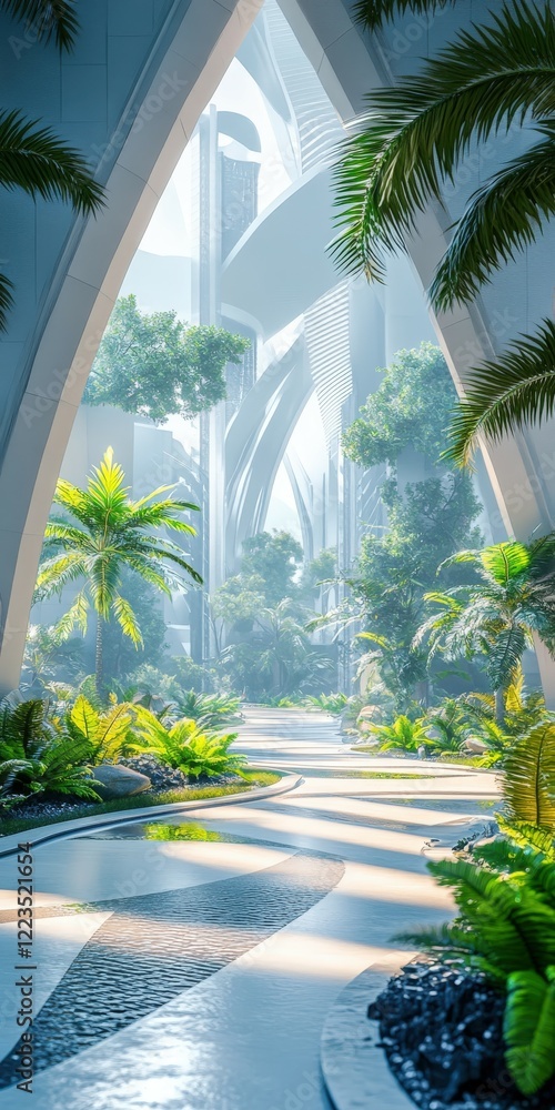Fototapeta premium Lush green pathway through a futuristic urban landscape