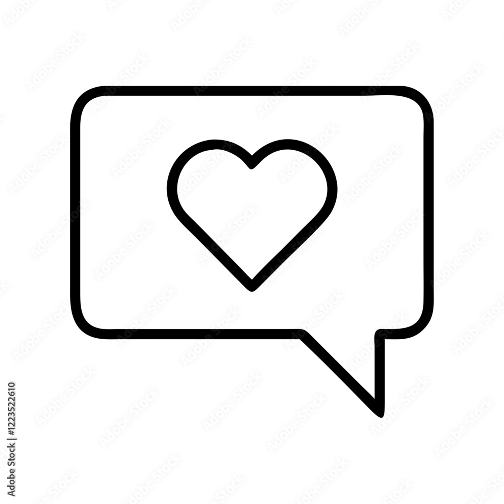 Love Message Chat Bubble Line Art Icon - Black and white line drawing of a speech bubble with a heart inside, symbolizing love messages, texting, communication, and affection.
Love Message Chat Bubble Line Art Icon - Black and white line drawing of a speech bubble with a heart inside, symbolizing love messages, texting, communication, and affection.