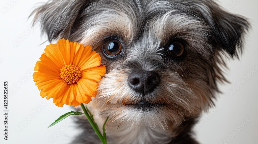 Shih Tzu holds orange marigold flower in its mouth against white background Shih Tzu holds orange marigold flower in its mouth against white background