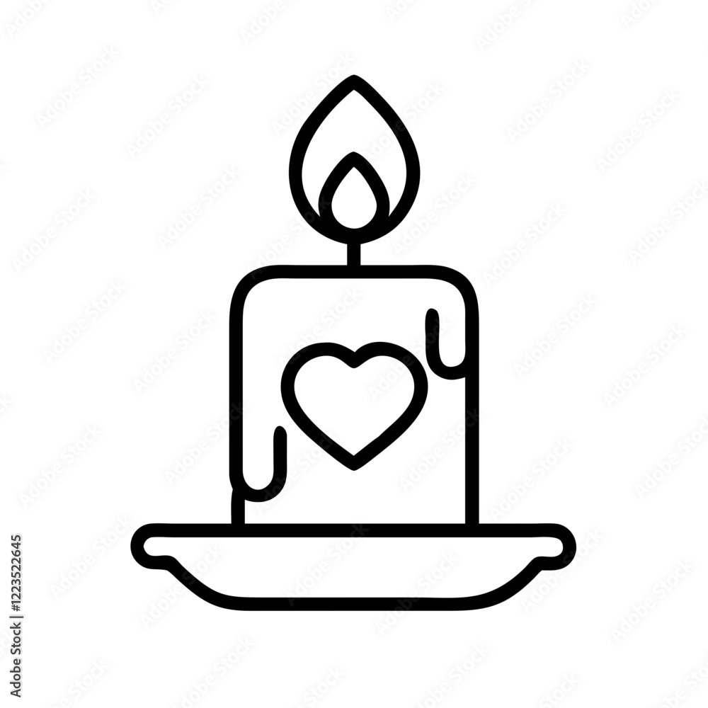 Fototapeta premium Romantic Candle with Heart Line Art Icon - Black and white line drawing of a burning candle with a heart symbol, representing romance, warmth, relaxation, and intimate ambiance. 