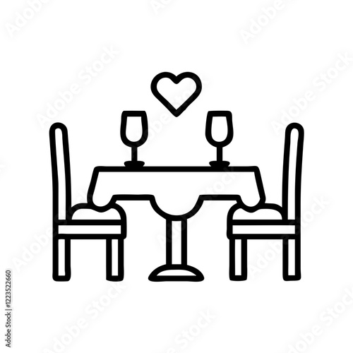Romantic Dinner Table with Heart Line Art  - Black and white line drawing of a romantic dinner table set for two, symbolizing love, dating, special occasions, and fine dining.  
