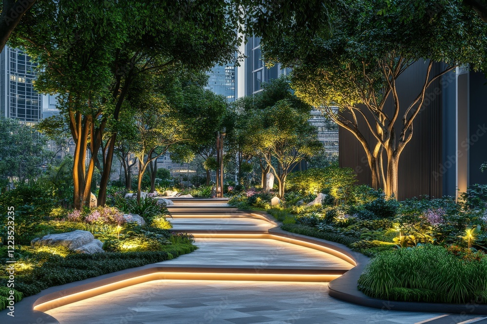 Obraz premium Beautifully lit urban garden pathway in evening glow