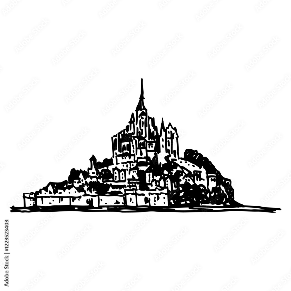 Fototapeta premium View of Mont-Saint-Michel. Saint Michael's Mount. Historical tidal island abbey in Normandy, France. Hand drawn linear doodle rough sketch. Black and white silhouette.