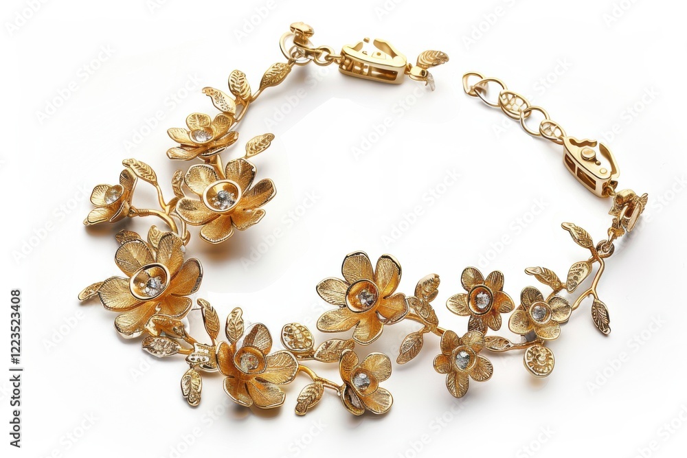 Delicate golden floral bracelet adorned with sparkling gemstones elegantly displayed on a white background isolated on transparent background Delicate golden floral bracelet adorned with sparkling gemstones elegantly displayed on a white background isolated on transparent background