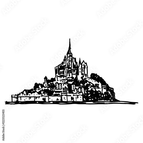 View of Mont-Saint-Michel. Saint Michael's Mount. Historical tidal island abbey in Normandy, France. Hand drawn linear doodle rough sketch. Black and white silhouette.
