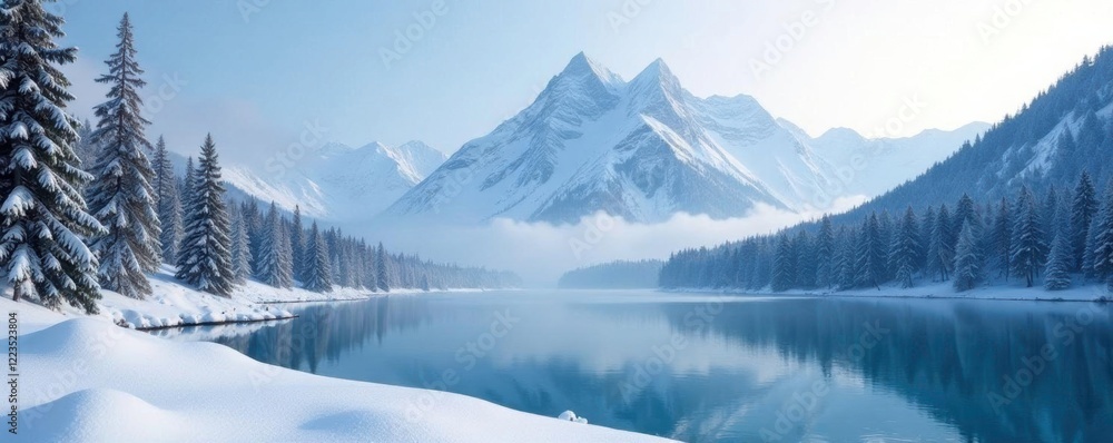 Serene snow-covered mountains rise from a frozen lake, pine trees, frozen lake, frosty atmosphere