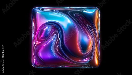iridescent square shape - isolated on black background - glowing neon sign