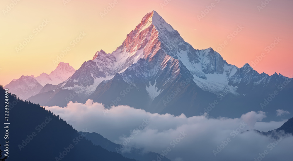 Majestic mountain peak at sunset. Stunning panoramic view of the snowy mountain range with clouds below. Majestic mountain peak at sunset. Stunning panoramic view of the snowy mountain range with clouds below.
