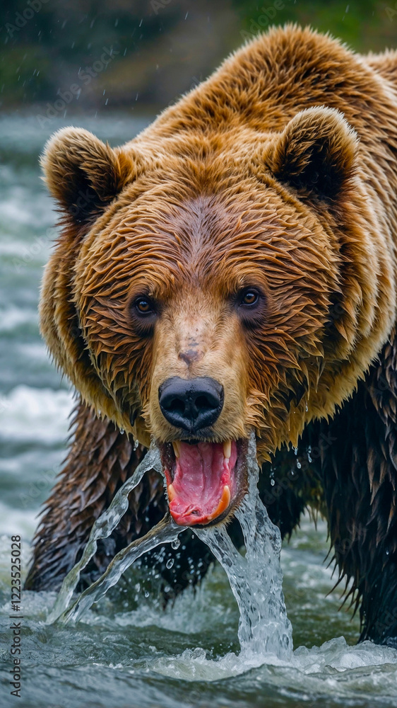Majestic brown bear catching fish in river Majestic brown bear catching fish in river