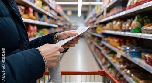 Minded man viewing receipts in supermarket and tracking prices