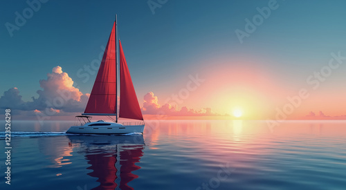 Sailboat with red sails at sunset. Luxury yacht sailing in the sea.