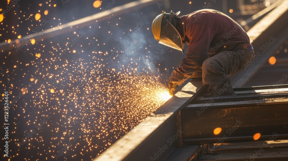 A close-up portrait of a construction worker welding steel beams at a bridge construction site, Bridge construction welding scene, Detailed and focused style A close-up portrait of a construction worker welding steel beams at a bridge construction site, Bridge construction welding scene, Detailed and focused style