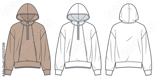 Hoodie with Zipper Detail technical fashion illustration. Sweatshirt fashion technical drawing template, pockets, ribbed hem, relaxed fit, front, back view, white, mocha, women, men, unisex CAD mockup