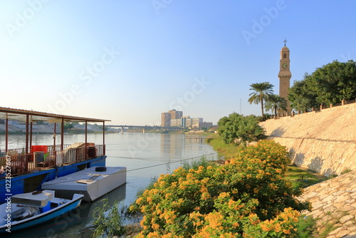 Baghdad, Bagdad, Iraq - November 15 2024: Outdoor view of Tigris riverbank from the river
