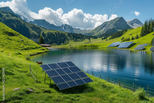 Solar panels on the tops of beautiful clean mountains. New energy for smart home. Ecological energy supply. Beautiful banner for energy saving and environment. photo