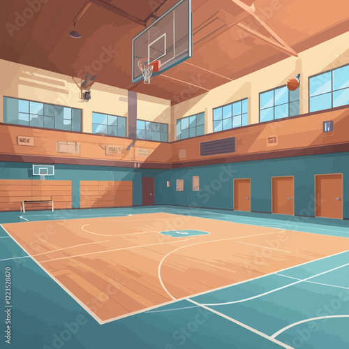 School gym flat color vector illustration. Gym with parquet floors for sports games. Basketball court 3D cartoon interior