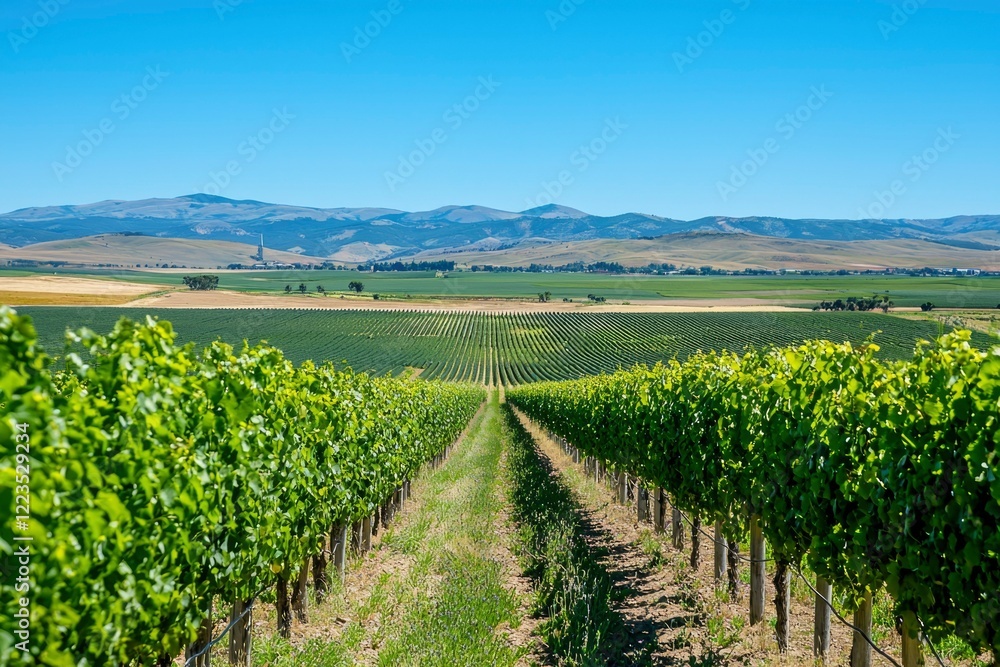 Naklejka premium Vineyard Rows Stretch Towards Distant Mountains Under Blue Sky