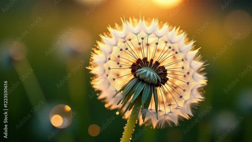 Obraz premium Macro photography of a dandelion seed head with dewdrops at sunrise 