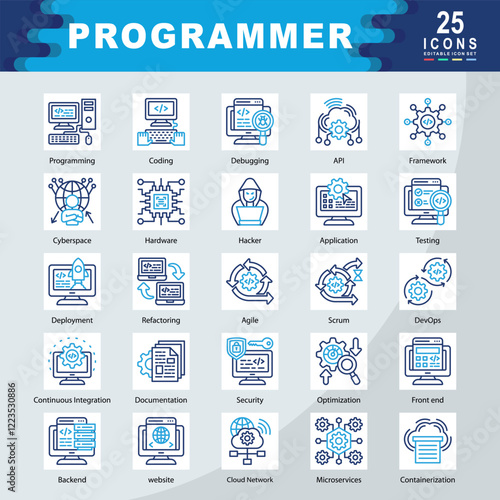 Programmer icon set containing Programming, Coding, Debugging, API, Framework, Cyberspace, Hardware, Hacker, Application, Testing icon. Simple color outline vector