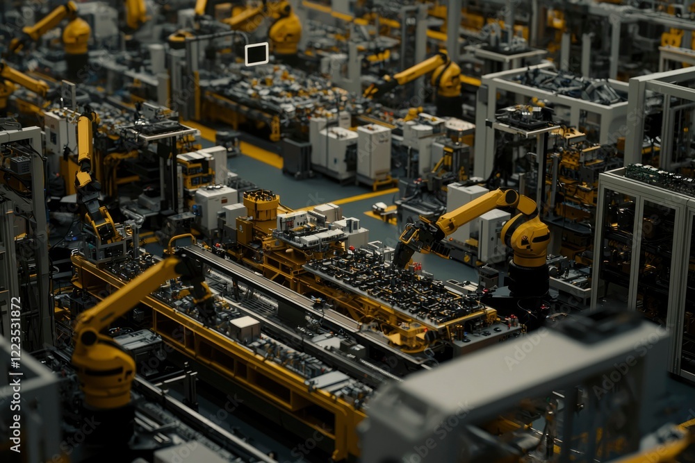 Automated robotic assembly line in a modern factory Automated robotic assembly line in a modern factory