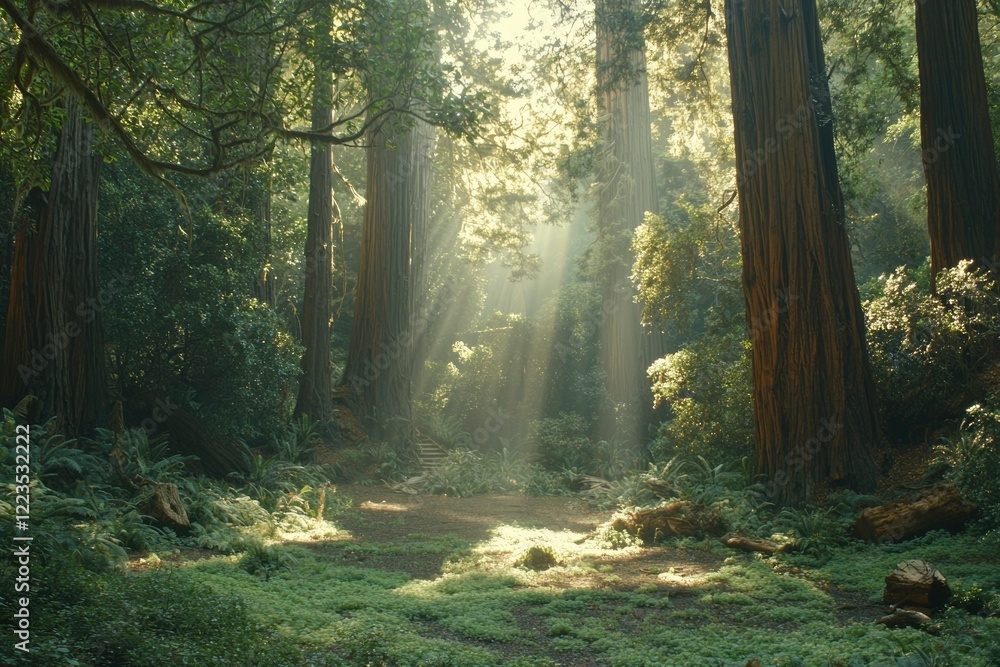 Fototapeta premium Sunbeams Illuminate Redwood Forest Path