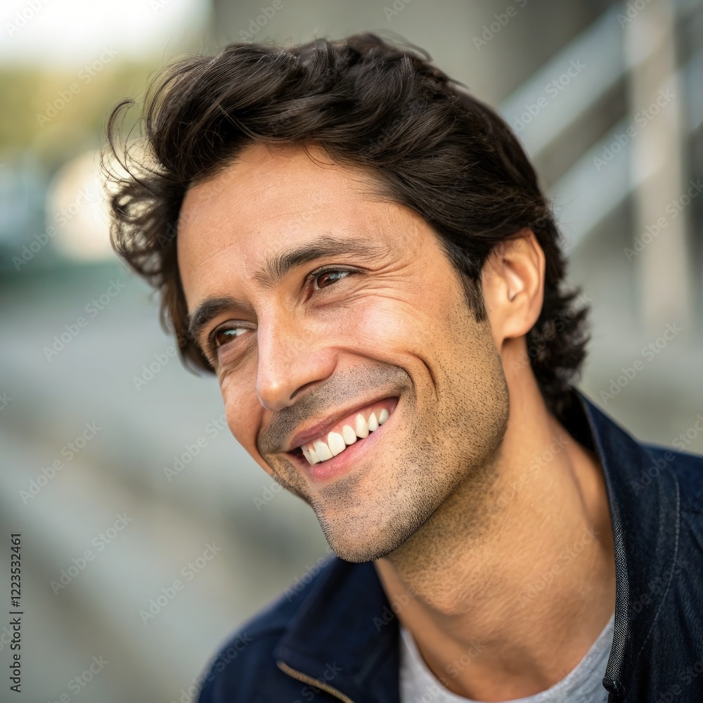 Handsome Man Smiling Outdoors in Natural Light. Generative AI Handsome Man Smiling Outdoors in Natural Light. Generative AI