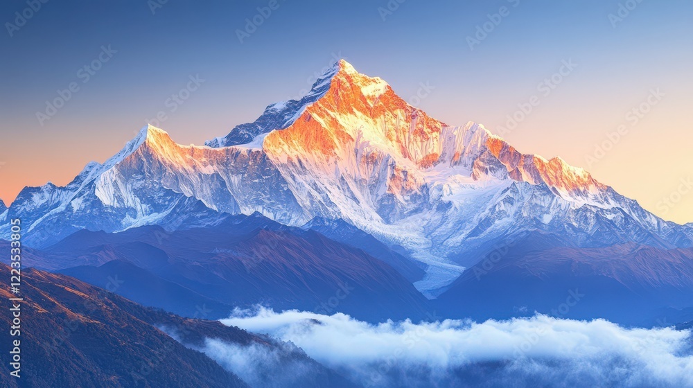 Majestic peaks of a snow-capped mountain at sunrise Majestic peaks of a snow-capped mountain at sunrise